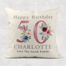 Personalised 100Th Birthday Pillow Pink Floral Linen Cushion - thumbnail 3