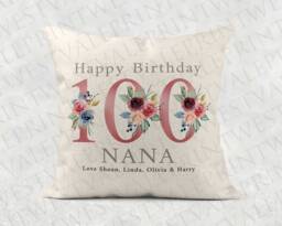 Personalised 100Th Birthday Pillow Pink Floral Linen Cushion - thumbnail 1