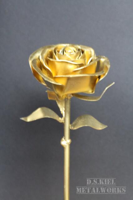 Gold Painted Steel Rose Long Stem Metal Flower, Handcrafted - image 1