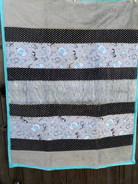 Handmade Modern Baby Minky Blanket Gray, Black & White Polka Dot, Giraffe, Lion, Elephant & Monkey - image 1