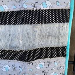Handmade Modern Baby Minky Blanket Gray, Black & White Polka Dot, Giraffe, Lion, Elephant & Monkey - thumbnail 3