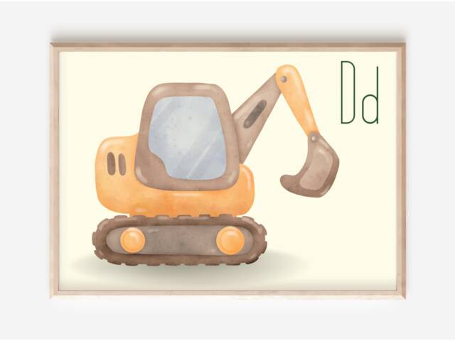 Alphabet Digger Print. Perfect Vehicle & Construction Wall Art For A Nursery, Bedroom Or Playroom - Print Only - image 1