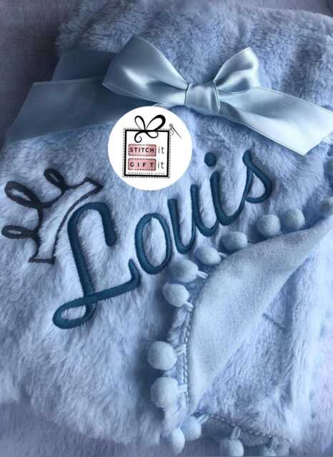 Personalised Baby Newborn Soft Fluffy Pom Edge Furry Blanket Wrap -Name/Crown Embroidered Fleece Gift Photography Shoot Prop Nursery - image 1