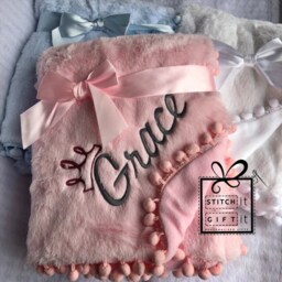 Personalised Baby Newborn Soft Fluffy Pom Edge Furry Blanket Wrap -Name/Crown Embroidered Fleece Gift Photography Shoot Prop Nursery - thumbnail 2