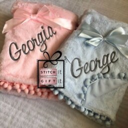 Personalised Baby Newborn Soft Fluffy Pom Edge Furry Blanket Wrap -Name/Crown Embroidered Fleece Gift Photography Shoot Prop Nursery - thumbnail 4