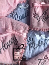 Personalised Baby Newborn Soft Fluffy Pom Edge Furry Blanket Wrap -Name/Crown Embroidered Fleece Gift Photography Shoot Prop Nursery - thumbnail 3
