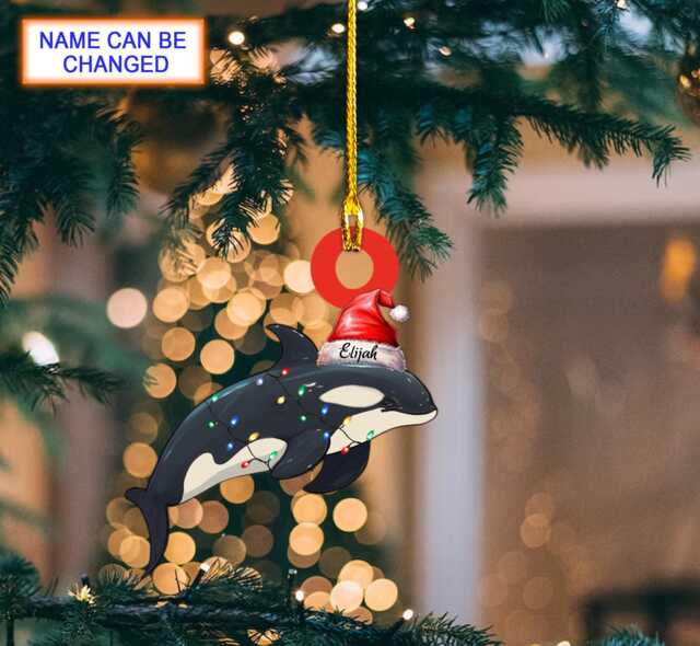 Custom Name Orca Whales Xmas Personalized Ornament, Christmas Tree Hanging Decor, Flat 2D Lover Gift - image 1