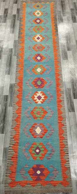 Runner Rug, Handmade Artisan Afghan Turkish Aztec Navajo Blue Red Kilim Rug 400x81 cm - image 1