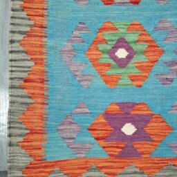 Runner Rug, Handmade Artisan Afghan Turkish Aztec Navajo Blue Red Kilim Rug 400x81 cm - thumbnail 4