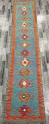 Runner Rug, Handmade Artisan Afghan Turkish Aztec Navajo Blue Red Kilim Rug 400x81 cm - thumbnail 1
