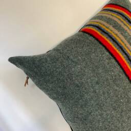 "Multicolored Striped Wool Pillow Cover Exposed Zipper-Leather Pull 20""18""24"" ""Yakima Camp"