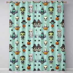 Cute Halloween Characters Mummy Frankenstein Bat Teal Background Seamless Readymade Eyelet Ring Top Thermal 100% Blackout Curtains - thumbnail 2