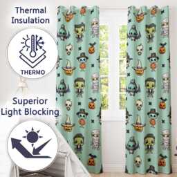 Cute Halloween Characters Mummy Frankenstein Bat Teal Background Seamless Readymade Eyelet Ring Top Thermal 100% Blackout Curtains - thumbnail 3