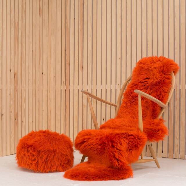 Orange Sheepskin Rug & Pouffe. Xl Genuine With A Matching Pouffee. Genuine Sheepskin. Rug, Orange Pouffe - image 1