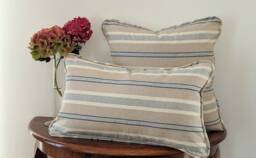 Cotton Linen Cushion Covers - Grey Blue & White Stripe With Piping. Square 45 X cm, Rectangle 52 32 cm. Neutral Decor, Handmade Home - thumbnail 1
