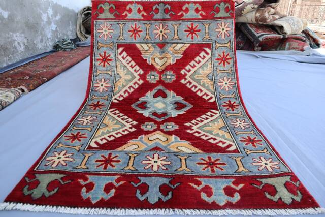2'7x4 Ft Afghan Geometric Area Rug, Soft Pile Wool Handmade Oriental Red Boho Contemporary Door Mat, Bathroom, Home Decor 3x4 - image 1