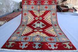 2'7x4 Ft Afghan Geometric Area Rug, Soft Pile Wool Handmade Oriental Red Boho Contemporary Door Mat, Bathroom, Home Decor 3x4 - thumbnail 1