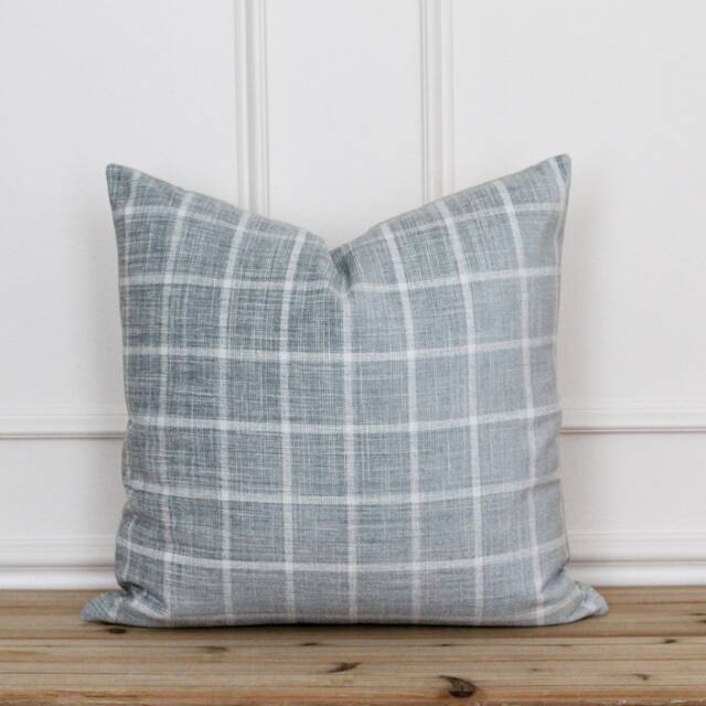 Blue Plaid Pillow Cover - Accent Chenille Decorative Throw Handmade Farmhouse Covers Helen - image 1