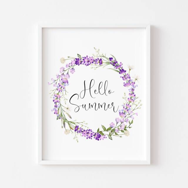 Lavender Wreath Print Hello Summer Watercolour Floral Wall Art - Unframed - image 1