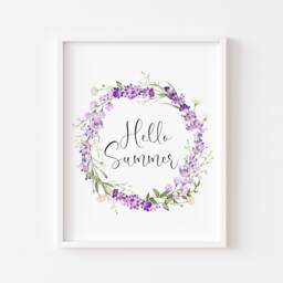 Lavender Wreath Print Hello Summer Watercolour Floral Wall Art - Unframed - thumbnail 1