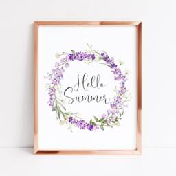Lavender Wreath Print Hello Summer Watercolour Floral Wall Art - Unframed - thumbnail 3
