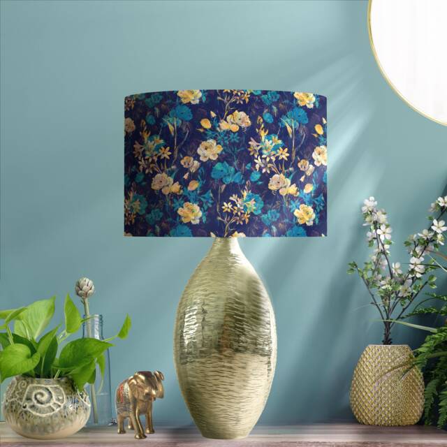 Blue Floral Lampshade, Gold Interior, Cotton Patterned Light Shade - image 1