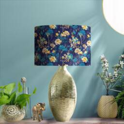 Blue Floral Lampshade, Gold Interior, Cotton Patterned Light Shade
