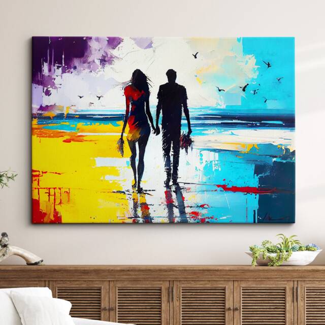 Couple Walking On The Beach Abstract Oil Painting Style Wall Art, Framed Canvas Poster Print, Home Kitchen Office Room Decor, Gifts - image 1