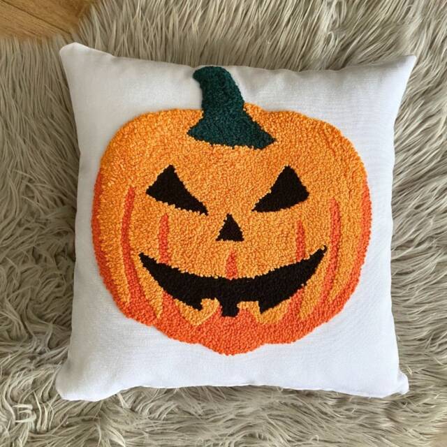Embroidered Pumpkin Linen Pillow, Halloween Decor - 16x16 - image 1