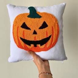 Embroidered Pumpkin Linen Pillow, Halloween Decor - 16x16 - thumbnail 2