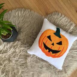 Embroidered Pumpkin Linen Pillow, Halloween Decor - 16x16 - thumbnail 3