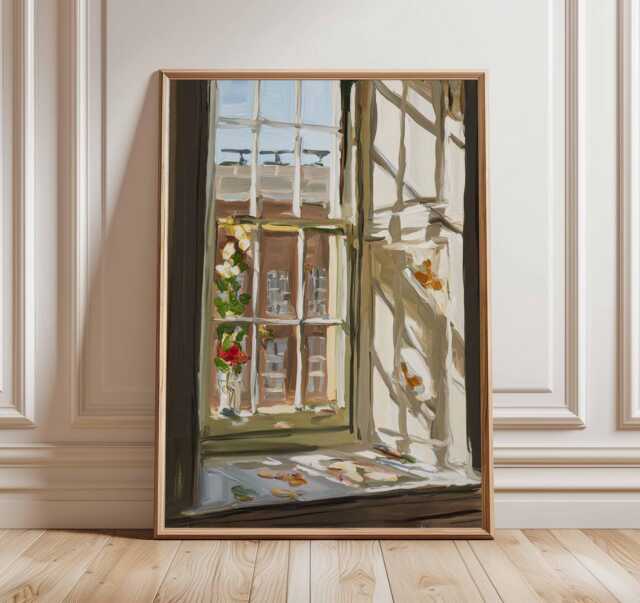 Sunlit Window Oil Painting Print - Cozy Home Decor, Still Life Wall Art, Warm Rustic Interior Poster - image 1