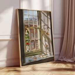Sunlit Window Oil Painting Print - Cozy Home Decor, Still Life Wall Art, Warm Rustic Interior Poster - thumbnail 2