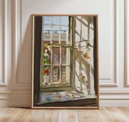 Sunlit Window Oil Painting Print - Cozy Home Decor, Still Life Wall Art, Warm Rustic Interior Poster - thumbnail 1