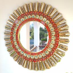Peruvian Red Sunburst Mirror 78 cm Handmade Wall Decor - Carved Wood Round Colorful Statement For Living Room Bathroom Entryway