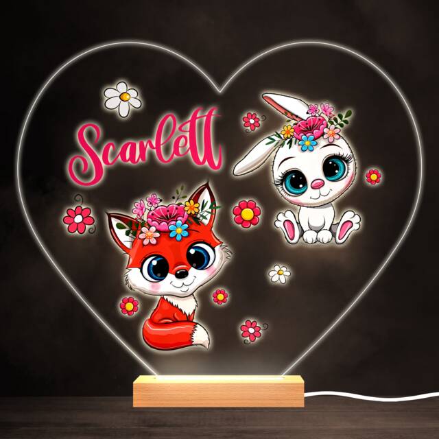 Cute Baby Fox & Bunny Colourful Heart Personalised Gift Led Lamp Night Light - Bedroom - image 1