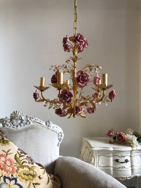 Made in Italy Hand Forged Wrought Iron 24 Kt Gold Leaf Chandelier, 5 Lights Pink Ceramic Roses - image 1