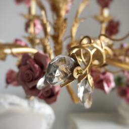 Made in Italy Hand Forged Wrought Iron 24 Kt Gold Leaf Chandelier, 5 Lights Pink Ceramic Roses - thumbnail 2