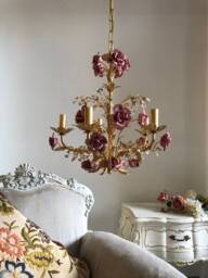 Made in Italy Hand Forged Wrought Iron 24 Kt Gold Leaf Chandelier, 5 Lights Pink Ceramic Roses - thumbnail 1