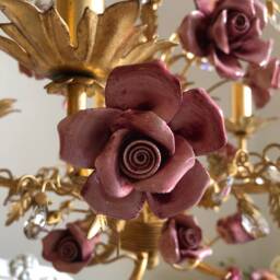 Made in Italy Hand Forged Wrought Iron 24 Kt Gold Leaf Chandelier, 5 Lights Pink Ceramic Roses - thumbnail 4