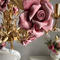 Made in Italy Hand Forged Wrought Iron 24 Kt Gold Leaf Chandelier, 5 Lights Pink Ceramic Roses - thumbnail 3