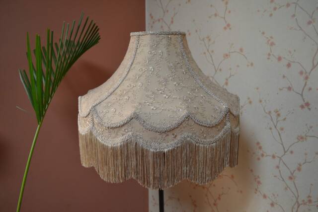 Beige Embroidered Lace Lampshade Victorian Style With Rayon Fringe - image 1