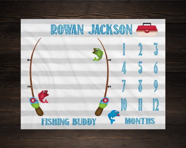 Fishing Milestone Blanket Month Baby Watch Me Grow Growth Tracker Pole Shower Personalize Newborn Gift - image 1