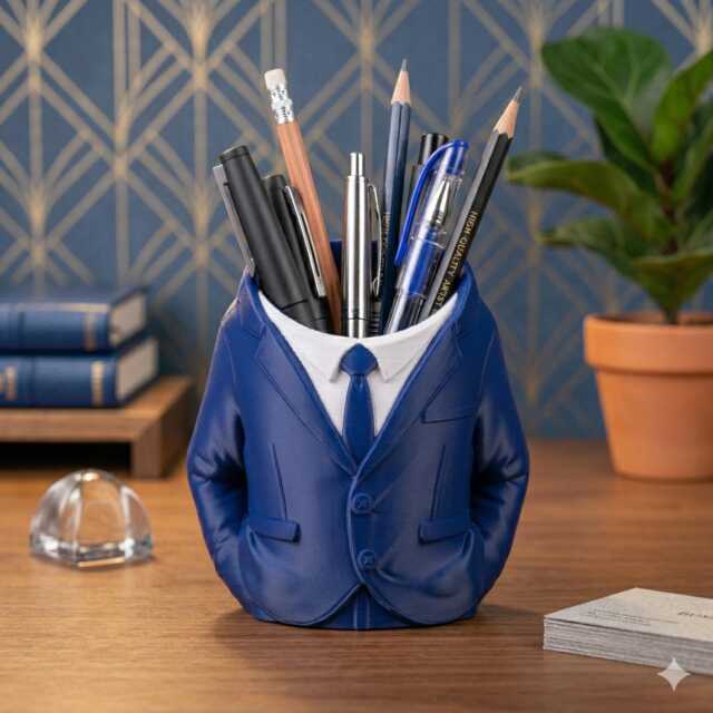 Dapper Desk Organizer Hand-Crafted Blue Suit Pencil Cup With Gold Accents - image 1