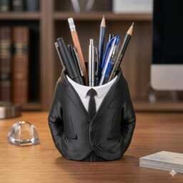 Dapper Desk Organizer Hand-Crafted Blue Suit Pencil Cup With Gold Accents - thumbnail 2