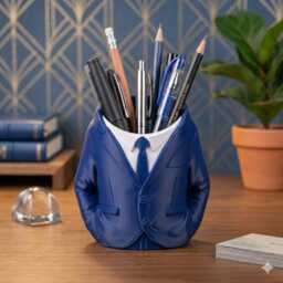 Dapper Desk Organizer Hand-Crafted Blue Suit Pencil Cup With Gold Accents
