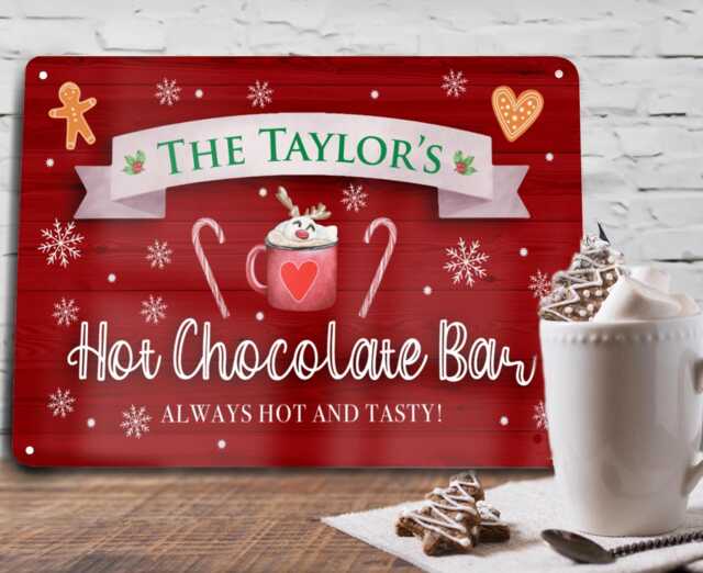 Personalised Hot Chocolate Bar Sign - Christmas Cocoa Station Wall Art Custom Festive Drinks A4 Metal - 30 X 20cm Aluminium - image 1