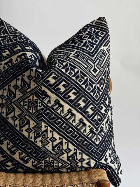 Vintage Hmong Embroidered Pillow Cover Navy Blue Boho Farmhouse Decor - image 1