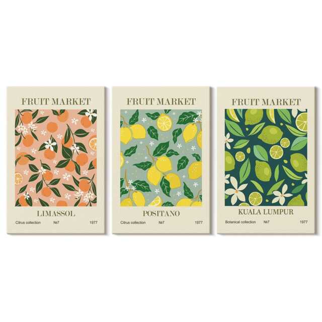 Set Of 3 Canvas Prints - Fruity Patterns With Citrus Fruits & Vintage Flowers, Green Wall Art Canvas, Food Drinks Hanging Piece - image 1