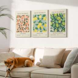 Set Of 3 Canvas Prints - Fruity Patterns With Citrus Fruits & Vintage Flowers, Green Wall Art Canvas, Food Drinks Hanging Piece - thumbnail 3